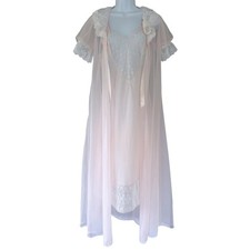 VTG Val Mode Pink Peignoir Set Women's S Lace Nightgown Robe Coquette Honeymoon