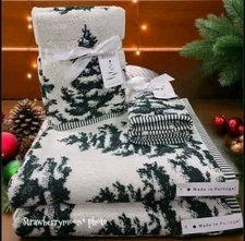 6pc Made In Portugal Evergreen Christmas Tree Farm Bath Hand Tip Towel Set NEW