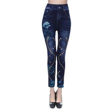 Frauen Skinny Denim Jeans Leggings hoch taillierte florale Löcher Freizeithose