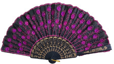 Decorative Embroidered Foldable Hand Fan Black Fuchsia Pink Floral Home Decor