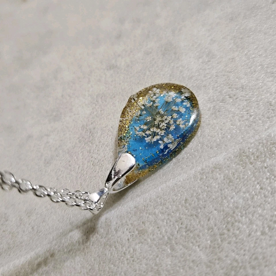 Collar Joyería Hecho a Mano Con Flor Seca Real, Cadena Acero Inoxidable 18"" Foto 3 de 4