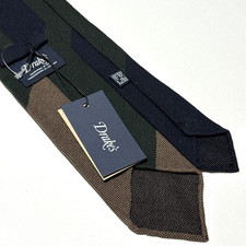 Drakes Silk Striped Tie Made in England Brown Green Navy Luxury Mens Necktie NWT