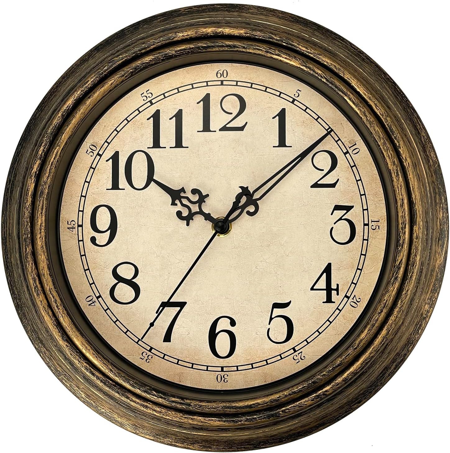 Wall Clock Retro Vintage Silent- 12 Inch Large Round Battery Operated Bronze