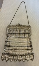 20s Art Deco Antique Whiting Davis Enamel Mesh Flapper Purse Silver Black Stripe