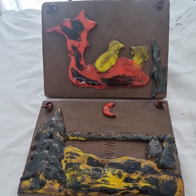 2 x 60er Jahre ERNST Studiokeramik Wandtafeln Handarbeit Dänemark Fat Lava Relief