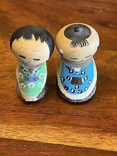 Vintage Mini Kokeshi Holzpuppe Wackelkopf handbemalt 2 Zoll Japan Menge 2