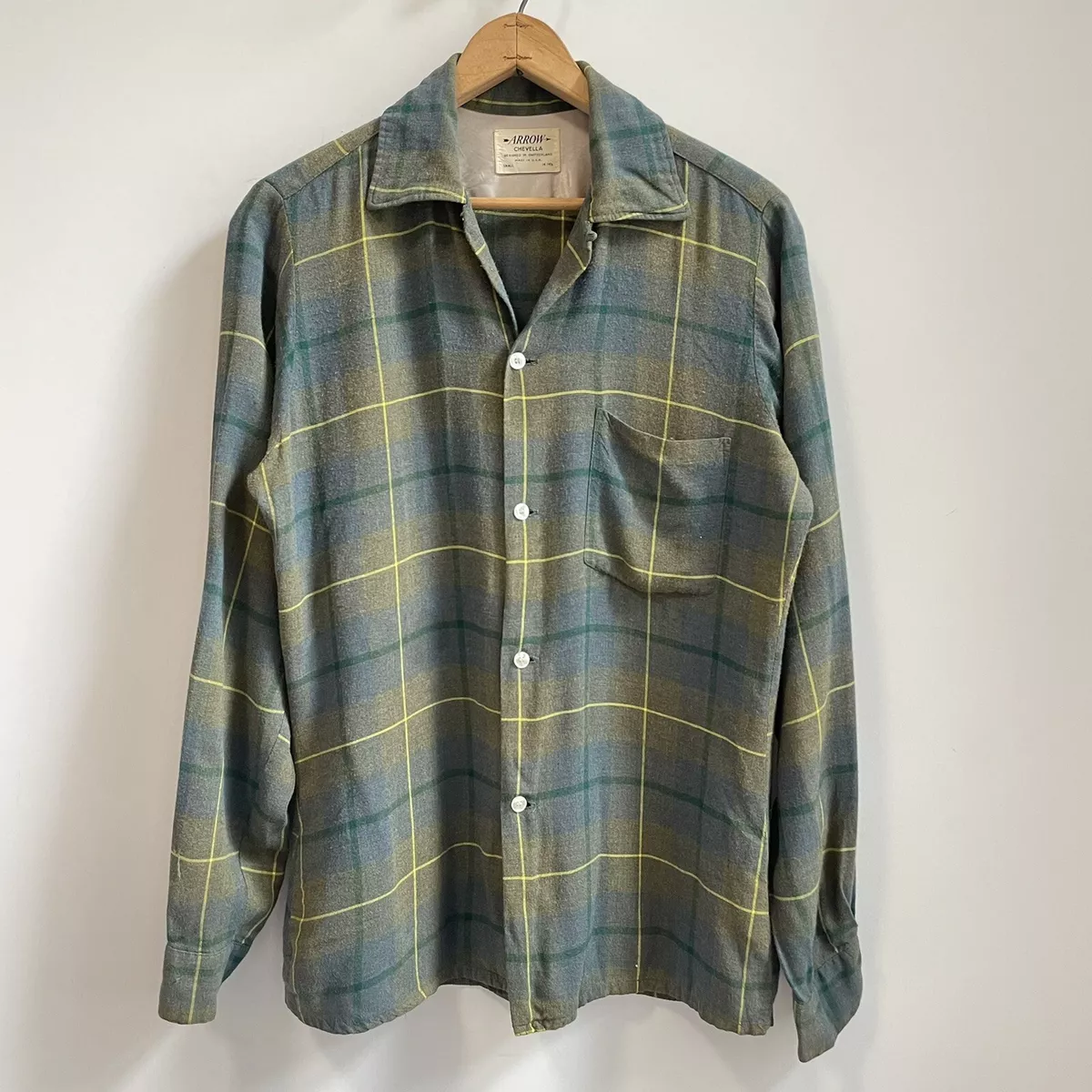 Vintage Arrow Chevella Rayon Shirt Shadow Plaid Loop Collar Rockabilly S 14