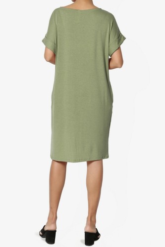 TheMogan S~3XL Rolled Short Sleeve Pocket Boxy Relaxed Jersey Midi T-Shirt Dress - Picture 59 of 187