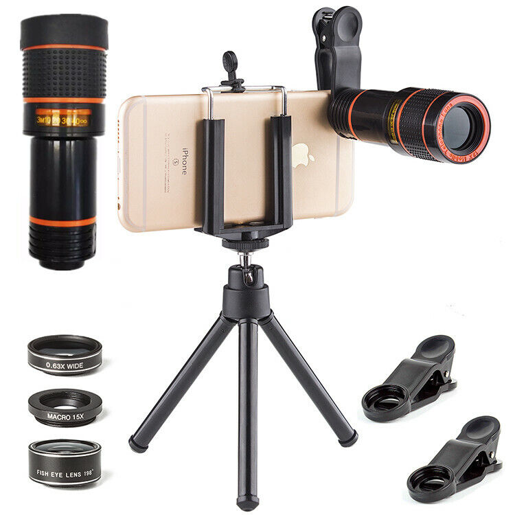 4 in 1 Clip-On Cell Phone Lens Kit, 12X Zoom Telephoto Lens + 198 ° Fisheye Lens