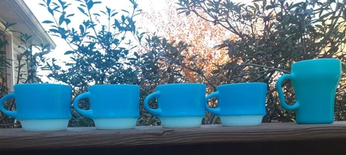 Vintage 4 Blue Fire King Anchor Hocking Stack C Handle Coffee Mugs Cups +1  Soda