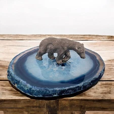 Vintage Polar Bear Pewter Figurine on Blue Polished Agate Base Collectible