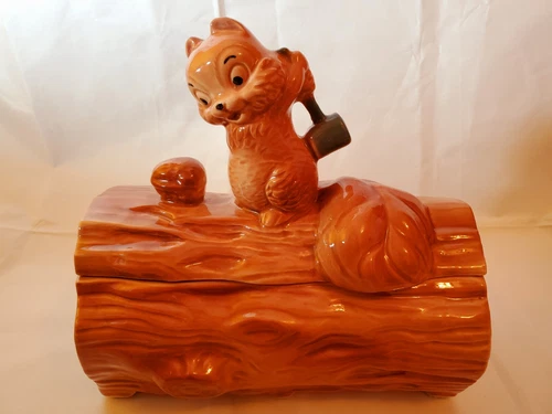 VINTAGE Brush McCoy SQUIRREL & NUT COOKIE JAR (1950s) Ceramic LOG Excellent!!!