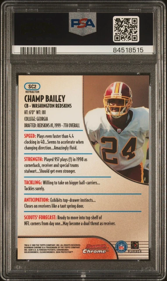 1999 Bowman Chrome Scouts Choice 'Refractor' Champ Bailey [Redskins] ROOKIE #SC2 - Image 2 of 2