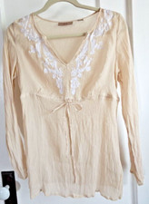 i.e. 100 silk long sleeve sheer blouse embroidered white split neck beige Sz M