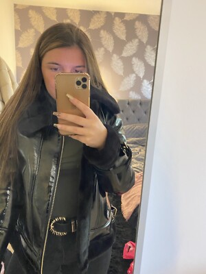 Lipsy Black Faux Fur Lined Biker Style Jacket Size M UK