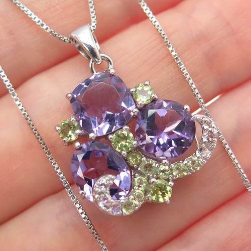 925 Sterling Silver Real White Topaz Amethyst & Peridot Box Chain Necklace 18" - Picture 2 of 8