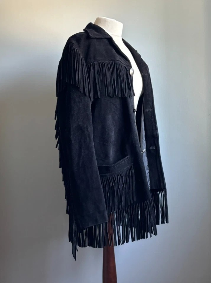 VINTAGE SUEDE FRINGE JACKET 40 42 cowboy leather heavy rock biker REAL tassles