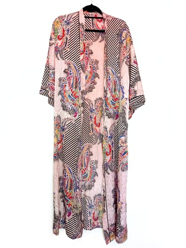 Vintage Silky Kimono Dressing Gown Pink Black Stripe Paisley M L Pattern Print - Picture 5 of 11