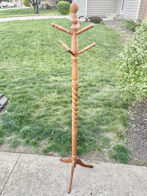 Vtg Barley Twist Style Spiral Oak Wood Coat Rack Hall Tree Stand