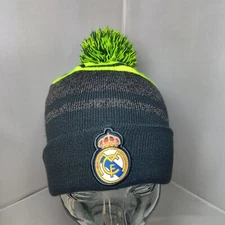 Real Madrid Beanie Soccer Sports POM Cap Hat Gray and Neon Yellow 