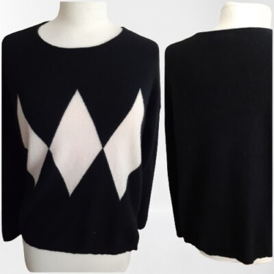 Only Mine CASHMERE Crop Hi Lo Black White Diamond Sweater M/Medium L/LARGE