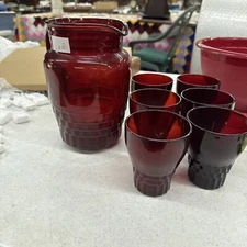 Anchor Hocking Windsor Royal Ruby Red Pitcher And 6 Glasses Set Very Nice