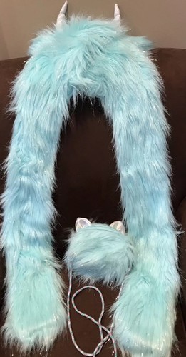 SILLY MONSTER HAT/SCARF/PAW MITTEN COMBO AQUA FAUX FUR SILVER SHIMMER & PURSE - Picture 2 of 4