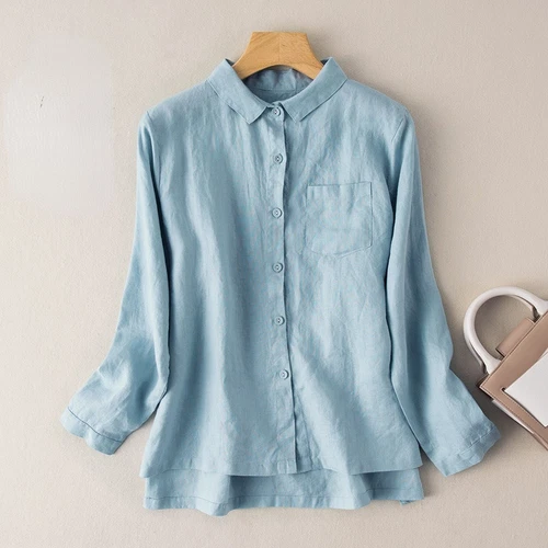 Vintage-Stil Baumwolle Leinen Hemd Bluse Top Knopfleiste Damen Smart Freizeit Einfarbig - Bild 21 von 22