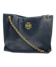 Tory Burch Britten Small Slouchy Tote Black Leather Gold Hardware Chain Strap