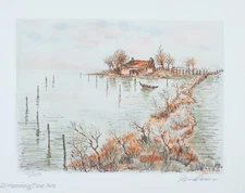 Rare Vintage Balmer Mid Century Lithograph of Watery French Landscape, LE Lovely