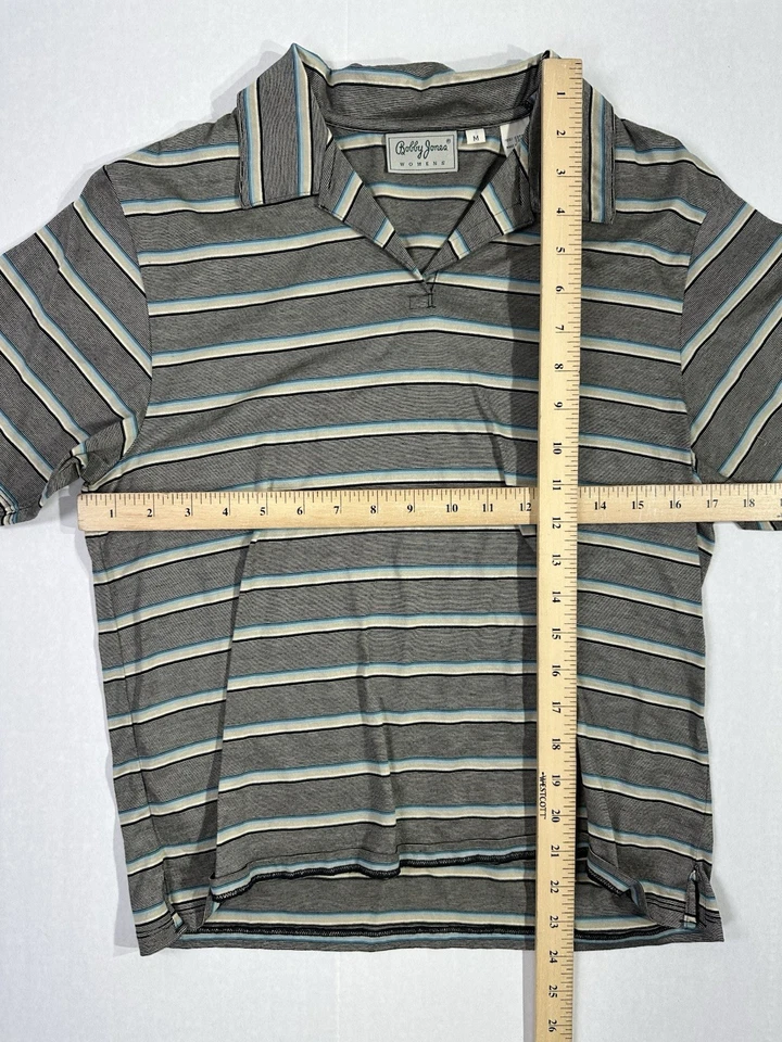 Camiseta polo mediana para mujer Bobby Jones gris azul a rayas 100 % algodón Foto 3 de 4