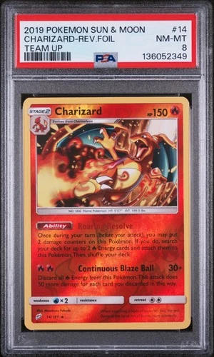 2019 POKEMON SUN & MOON TEAM UP #14 CHARIZARD-REVERSE FOIL PSA 8