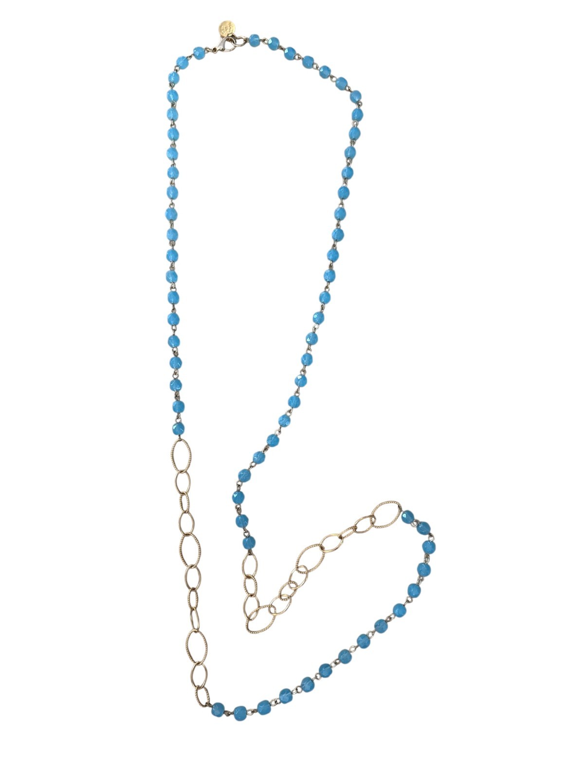 Pretty Susan Shaw Long Statement Blue Beaded Gold Chain Link Necklace