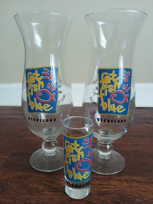 Vintage Fat Fish Blue Cleveland OH Restaurant Hurricane Glasses & Shot Glass Set