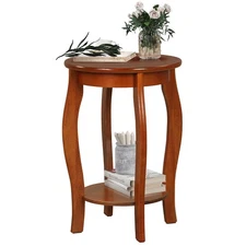 2-Tier Round End Table Narrow Sofa Side Nightstand w/ Storage Shelf & Wood Legs