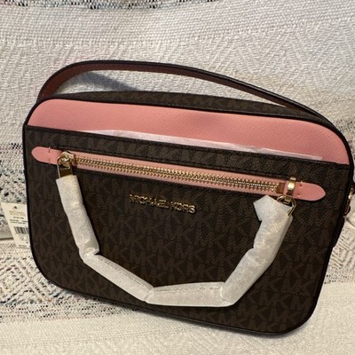 NWT Michael Kors Jet Set Logo Zip Crossbody Brown Pink Chain Strap Gold Hardware