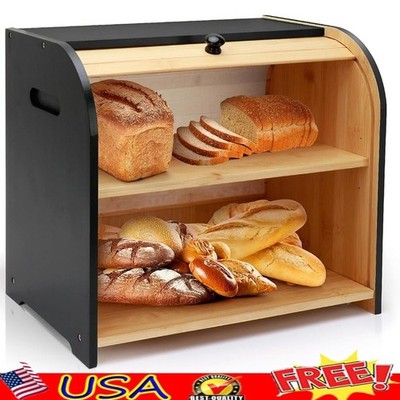 Natural Bamboo Bread Box Double Layer Roll Top Storage Kitchen Organizer New