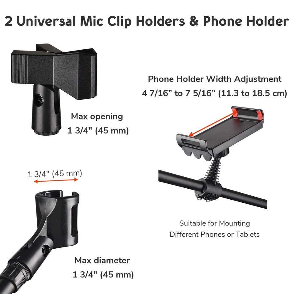 2 Pack Microphone Boom Arm Stand Adjustable Tripod W/ Phone Holder Dual Mic Clip - Image 4 of 4
