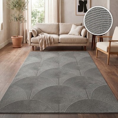 Teppich Wohnzimmer Kurzflor Skandinavisches Muster Boho Bogen Uni Anthrazit
