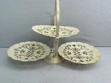 Vtg 3 Tier Folding Metal Serving Tray Cream Clamshell Stand Farmhouse Decor