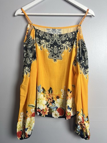 Farm Rio Top Size M 12/14 long sleeve off the shoulder straps tropical blouse - Picture 10 of 13
