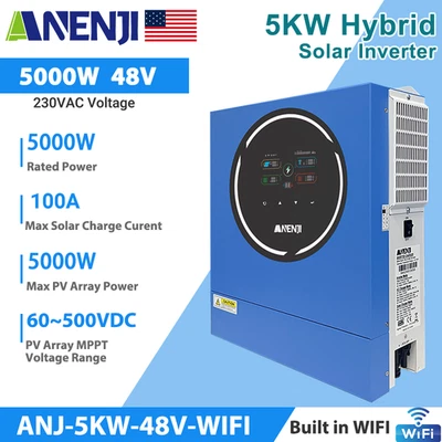 ANENJI 5KW 48V Hybrid Solar Inverter On-Grid+Off-Grid MPPT 100A Charger Controller WIFI