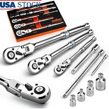 10-Piece Flex-Head Ratchet Set 1/4 3/8 1/2 Drive 90-Tooth Extensions Adapters US