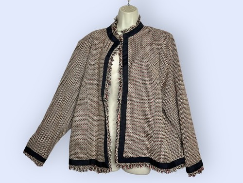 NWT Carole Little Woman Tan/Brown/Red Fringe Silk Blend Hook Closure Jacket 2x