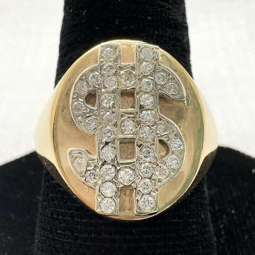 14k White & Yellow Gold Diamond Dollar Sign Oval Signet Ring Size 9