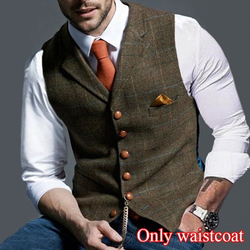 Retro Casual Men Tweed Waistcoat Vest Herringbone Blend Notch Lapel Slim Top✜ - Picture 12 of 18