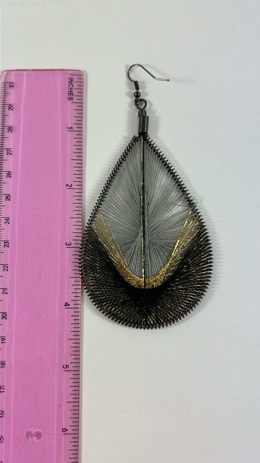 Large String Art Thread Earrings Teardrop Black G… - image 5