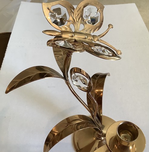 24 Karat Gold Plate Austrian Crystal Butterfly Flower Candle Holder. 7" Tall - Picture 7 of 10