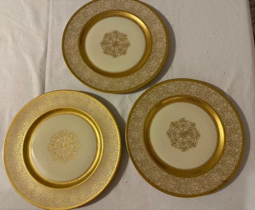 3 Pc H&C Selb Bavaria Heinrich Gold Encrusted Charger Dinner Plate 11" READ