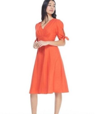 Gal Meets Glam 10 Zinnia Dress Orange Linen Midi Tie Sleeve A-Line Smocked V-Nec | eBay Gal Meets Glam 10 Zinnia Dress Orange Linen Midi Tie Sleeve A-Line Smocked V-Nec | eBay